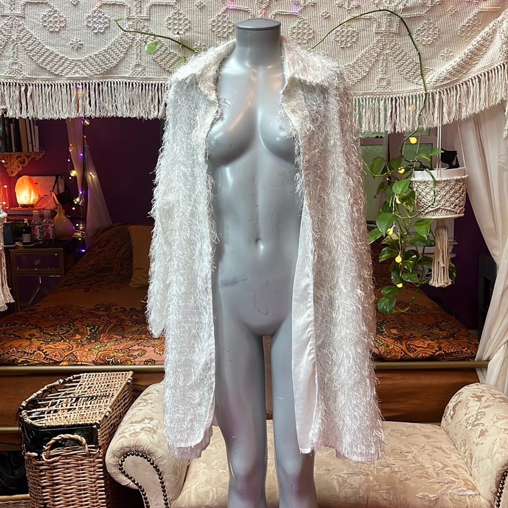 Vintage Cream Fuzzy Open-Front Blouse